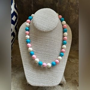 Chunky Pink Blue White Beaded Necklace